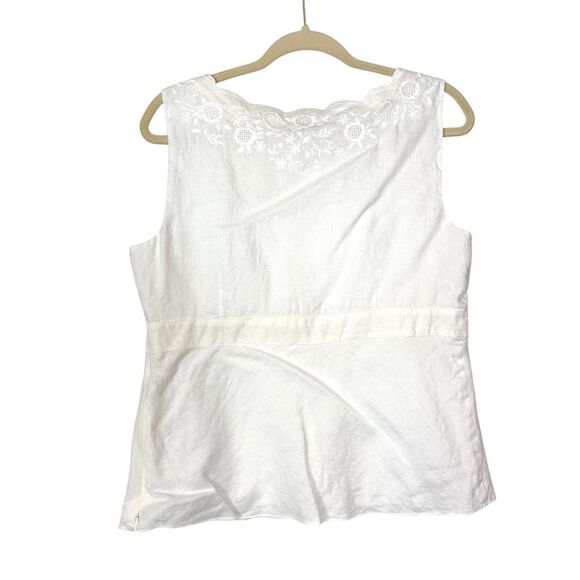 Ann Taylor Top Vintage Linen 12 White Sleeveless Embroidered Scallop V Blouse - Picture 5 of 15